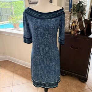 Max Studio Blue Patterned Off-Shoulder Midi Dress